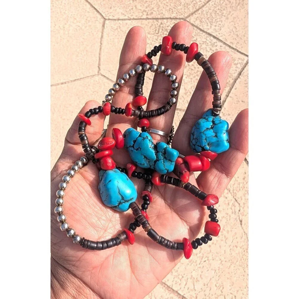 Vtg Turquoise & Red Coral Necklace Native American Style Silver Tone Handmade
